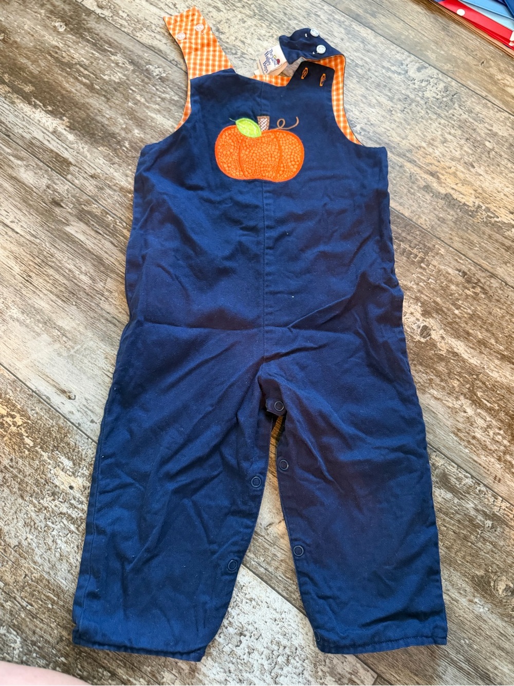 Navy Pumpkin and Dinosaur Appliqué Kids Overalls